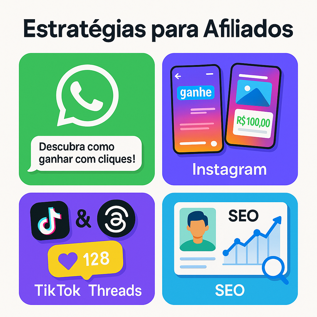 Resumo visual com estratégias para afiliados aplicando WhatsApp, Instagram, SEO, TikTok e Discord