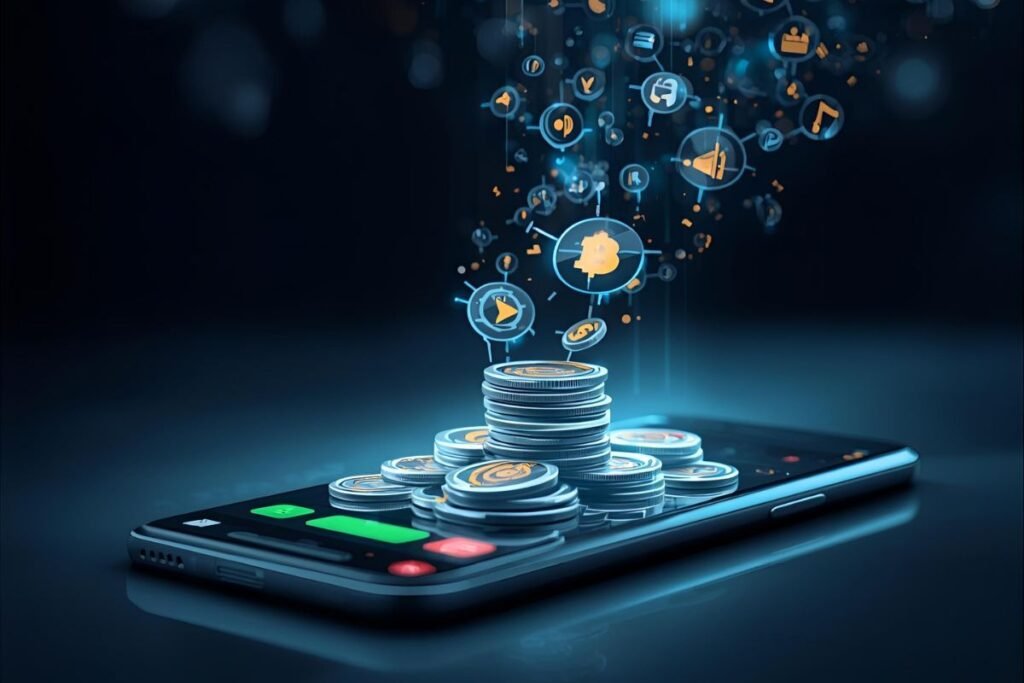 Conceito digital mostrando dinheiro sendo gerado ao assistir vídeos no celular